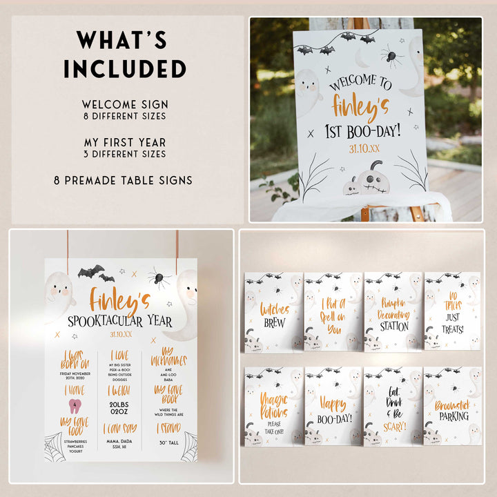 SPOOKY ONE first birthday bundle including invitations, welcome signs, my first year signs, labels, tags, table signs, bunting and more