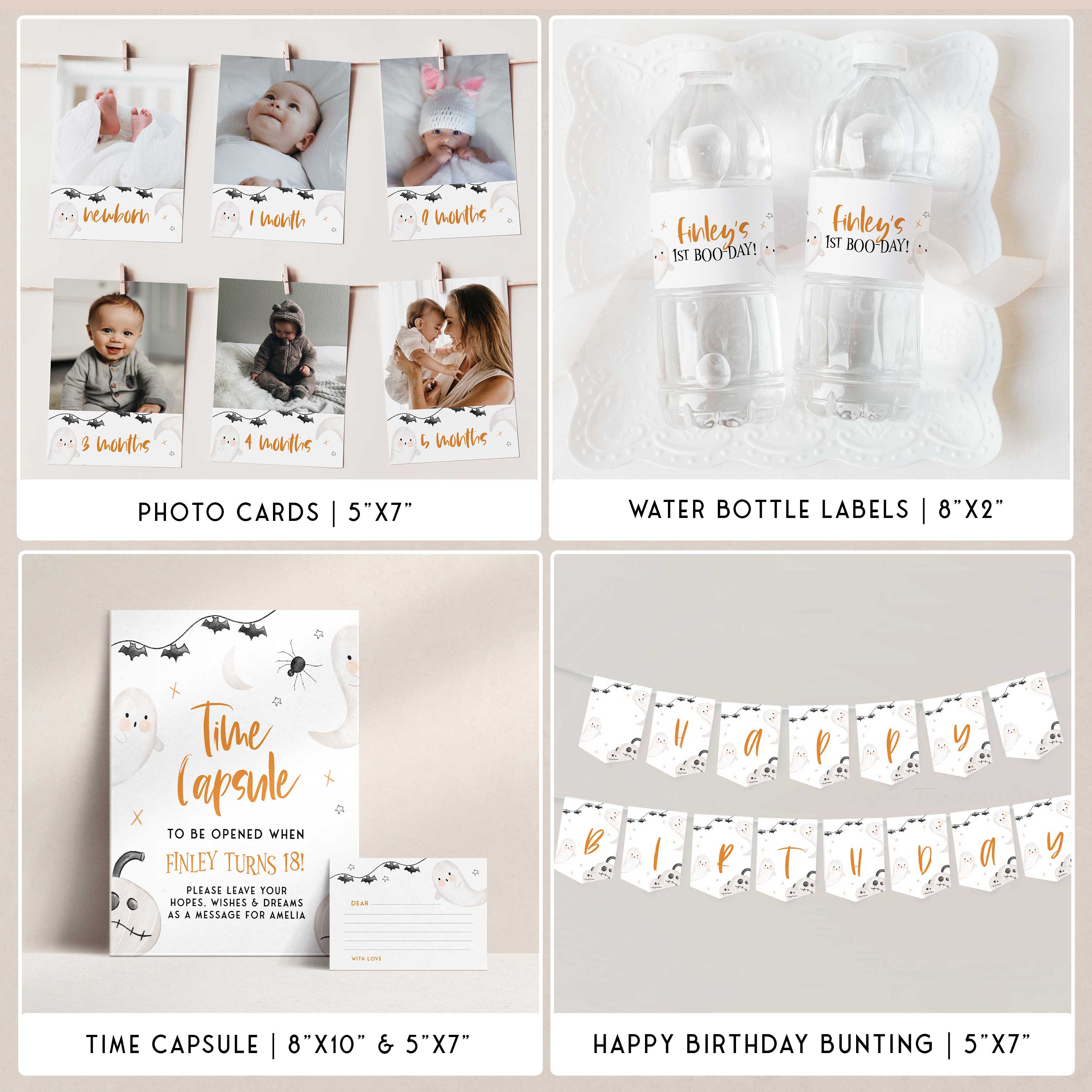 SPOOKY ONE first birthday bundle including invitations, welcome signs, my first year signs, labels, tags, table signs, bunting and more