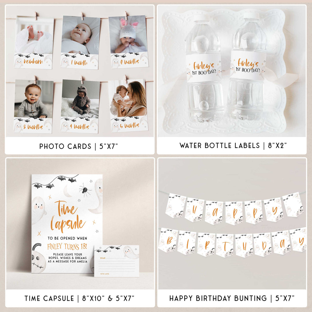 SPOOKY ONE first birthday bundle including invitations, welcome signs, my first year signs, labels, tags, table signs, bunting and more