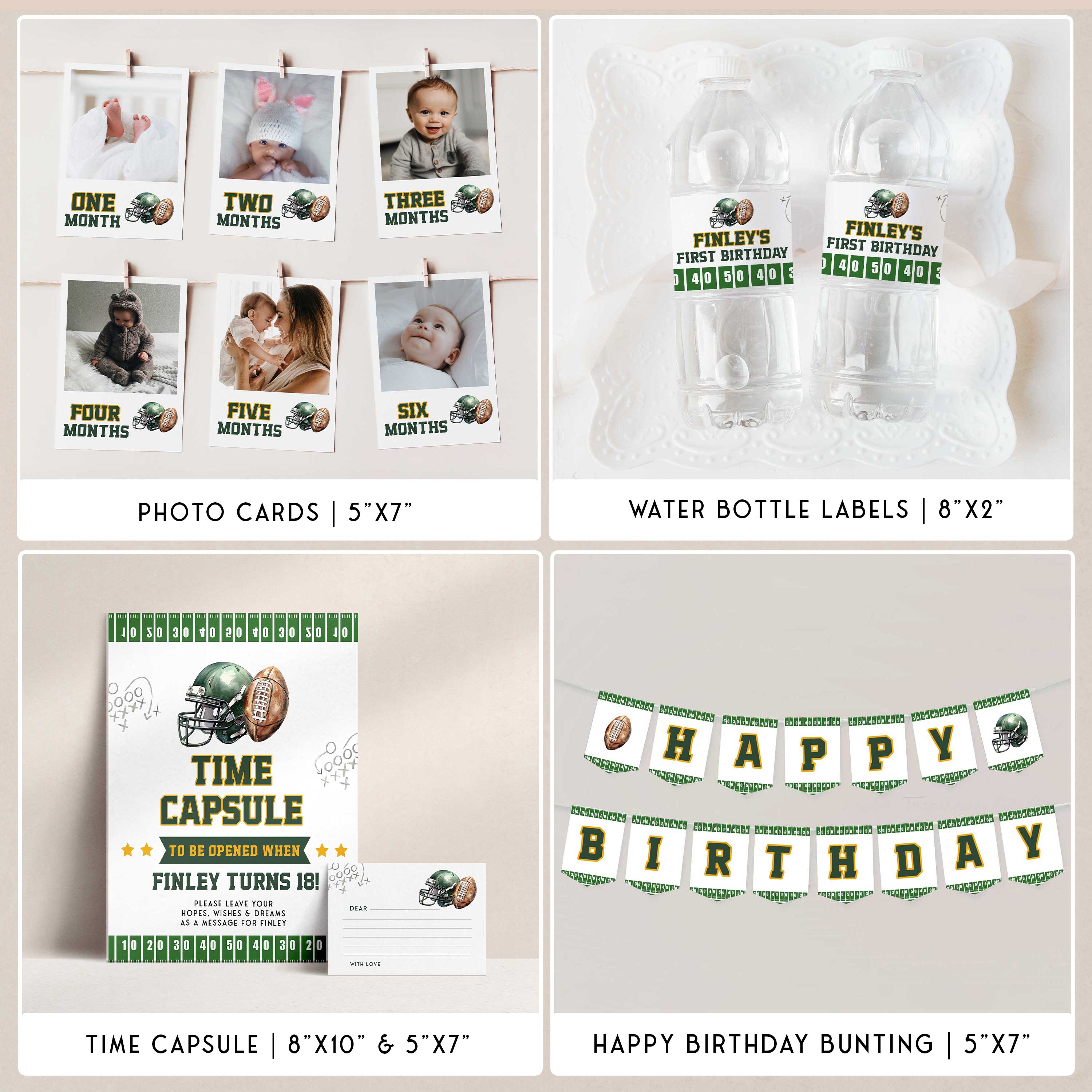American football first birthday party bundle. Fully editable birthday bundle set