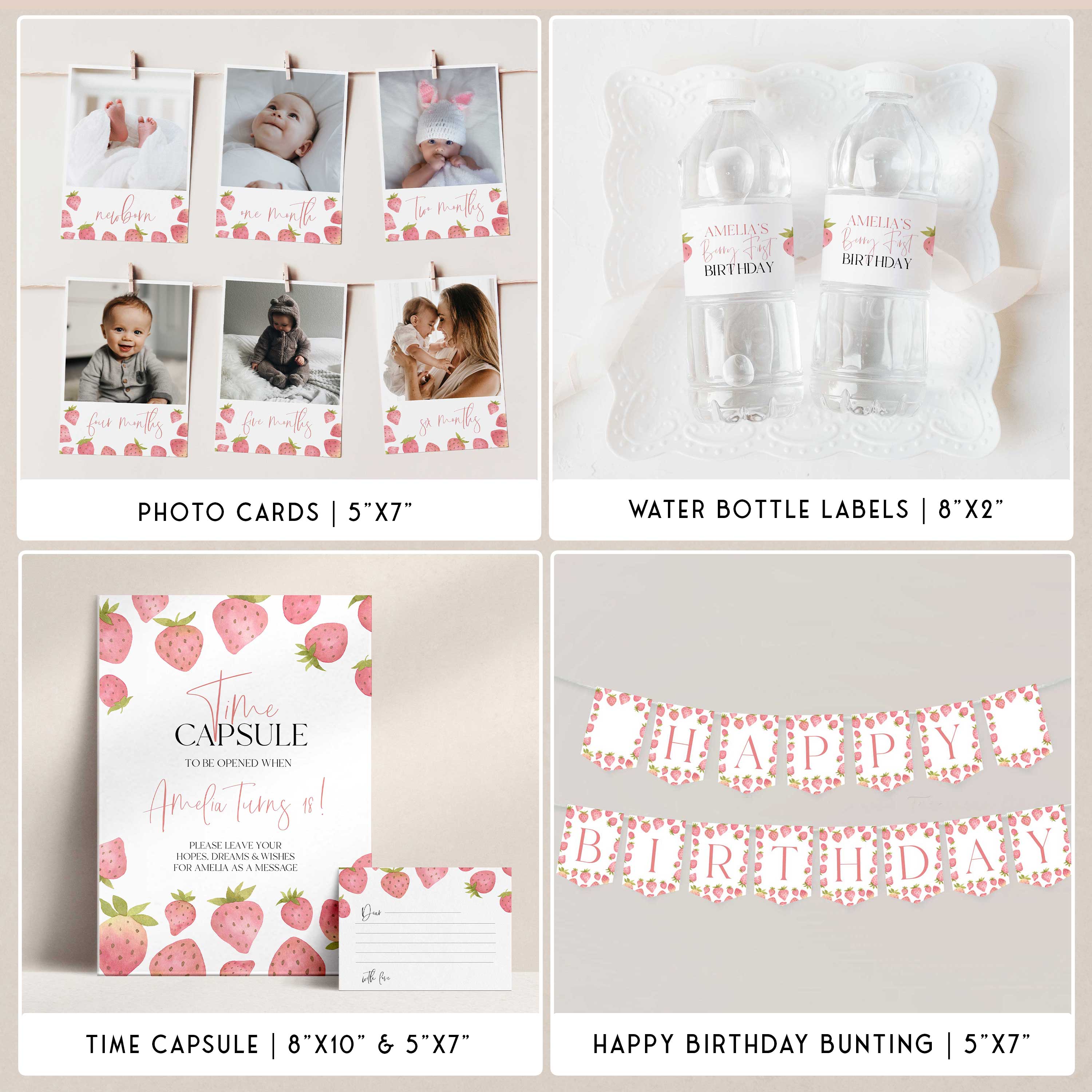 Berry first birthday party bundle including invitations, welcome signs, my first year, bunting, table signs, food labels, tags and more