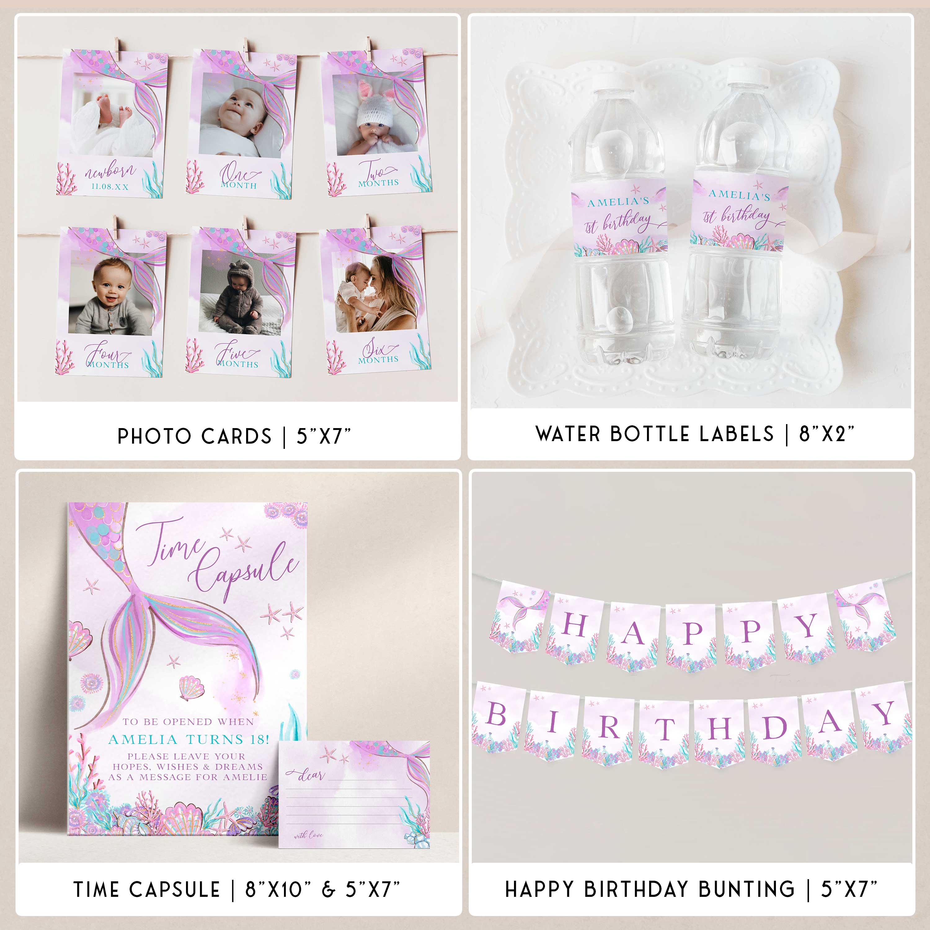 ONEder the sea first birthday party bundle including invitation set, welcome signs, my first year sign, bunting, cupcake toppers and more