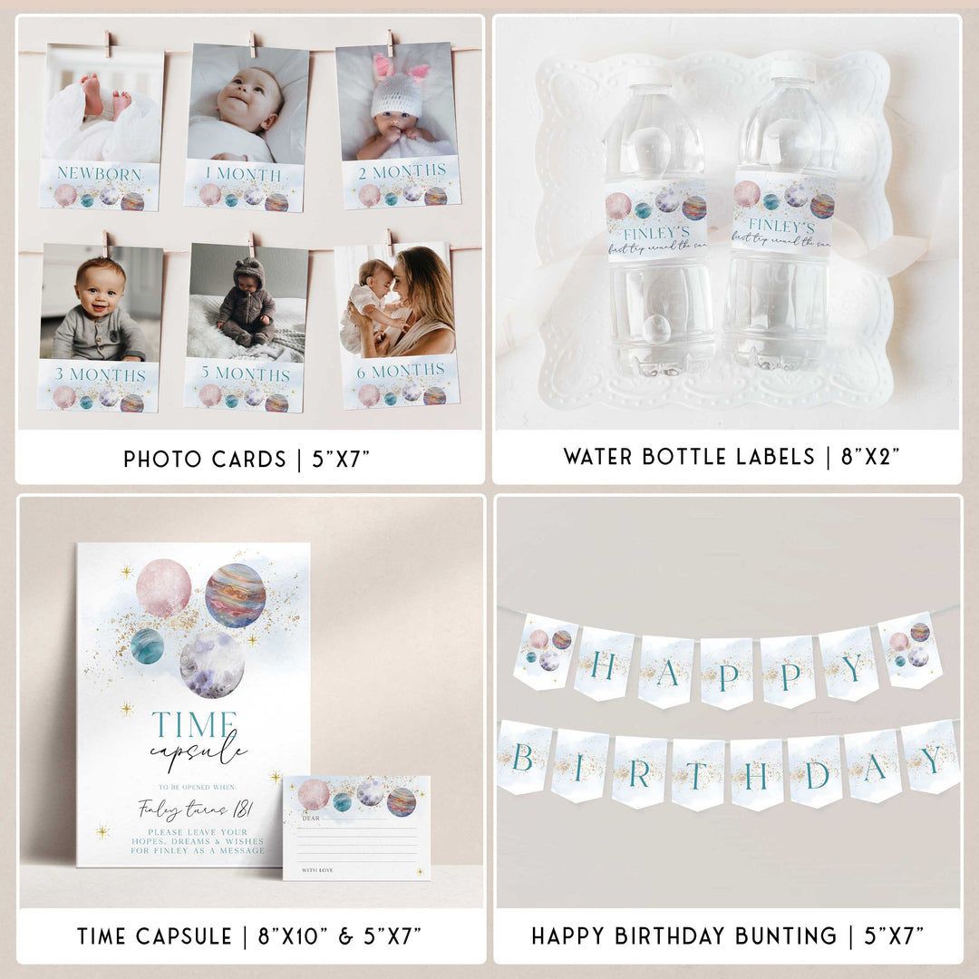 SPOOKY ONE first birthday bundle including invitations, welcome signs, my first year signs, labels, tags, table signs, bunting and more