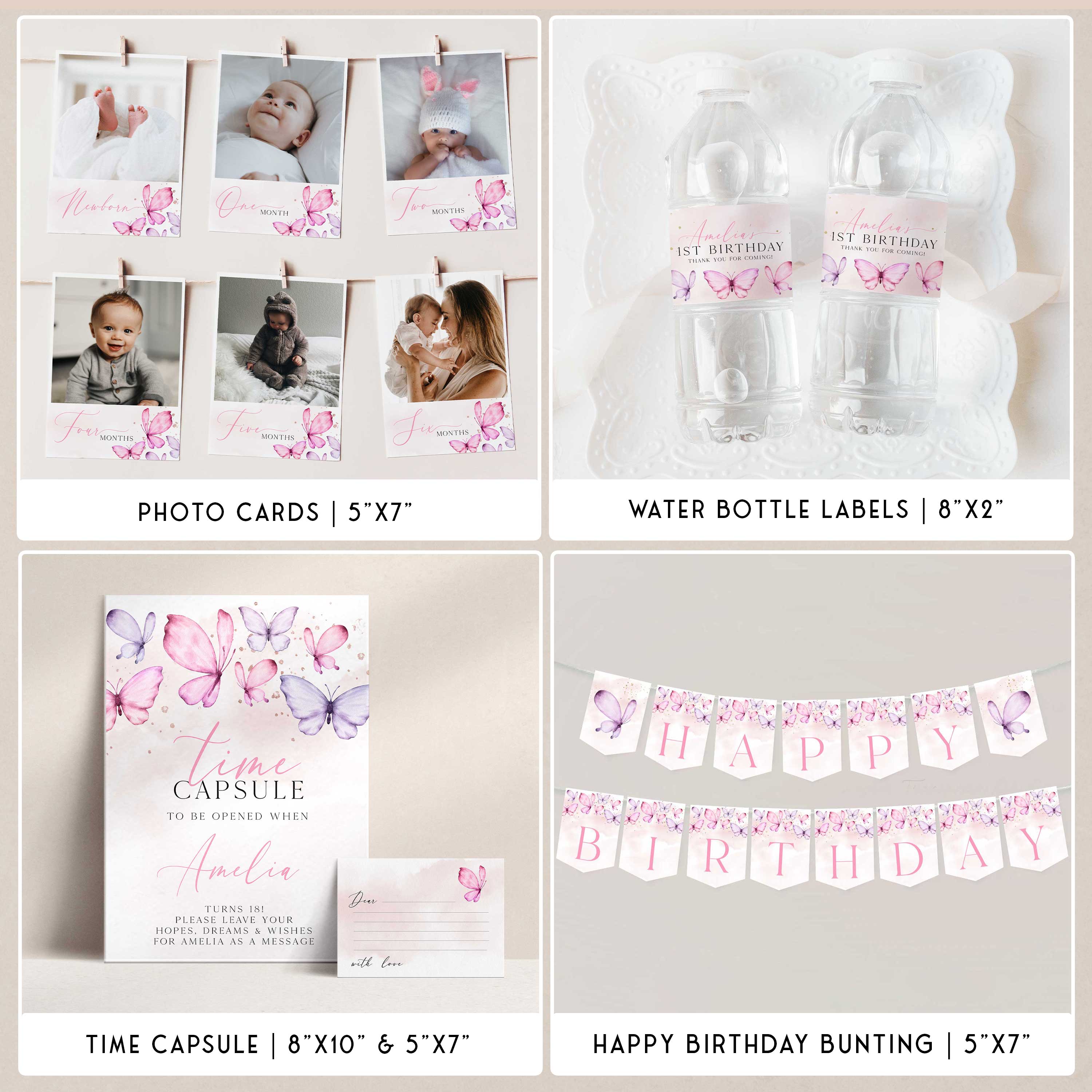 Butterfly first birthday party bundle including invitations, welcome signs, my first year chart, bunting, table signs, labels, tags and more