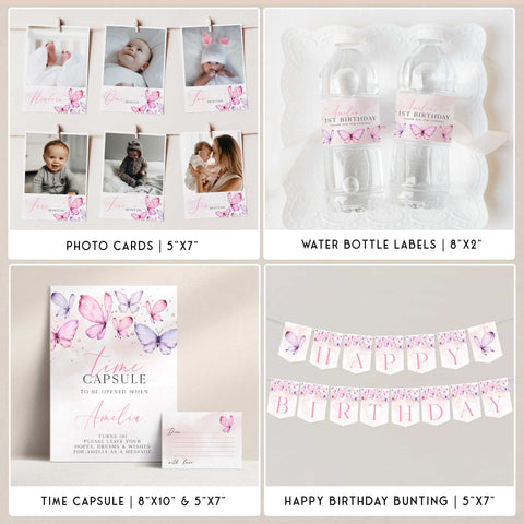 Butterfly first birthday party bundle including invitations, welcome signs, my first year chart, bunting, table signs, labels, tags and more