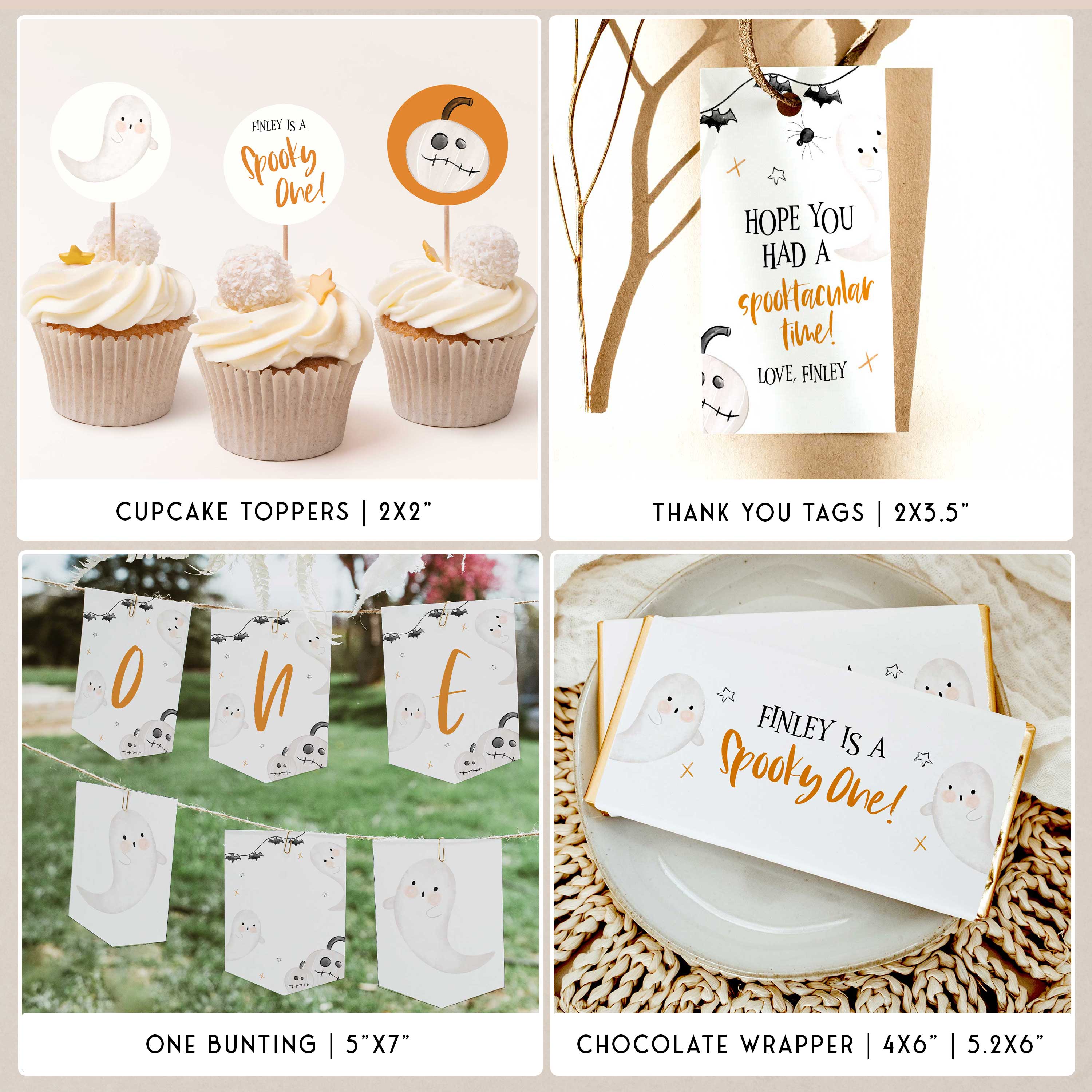 SPOOKY ONE first birthday bundle including invitations, welcome signs, my first year signs, labels, tags, table signs, bunting and more