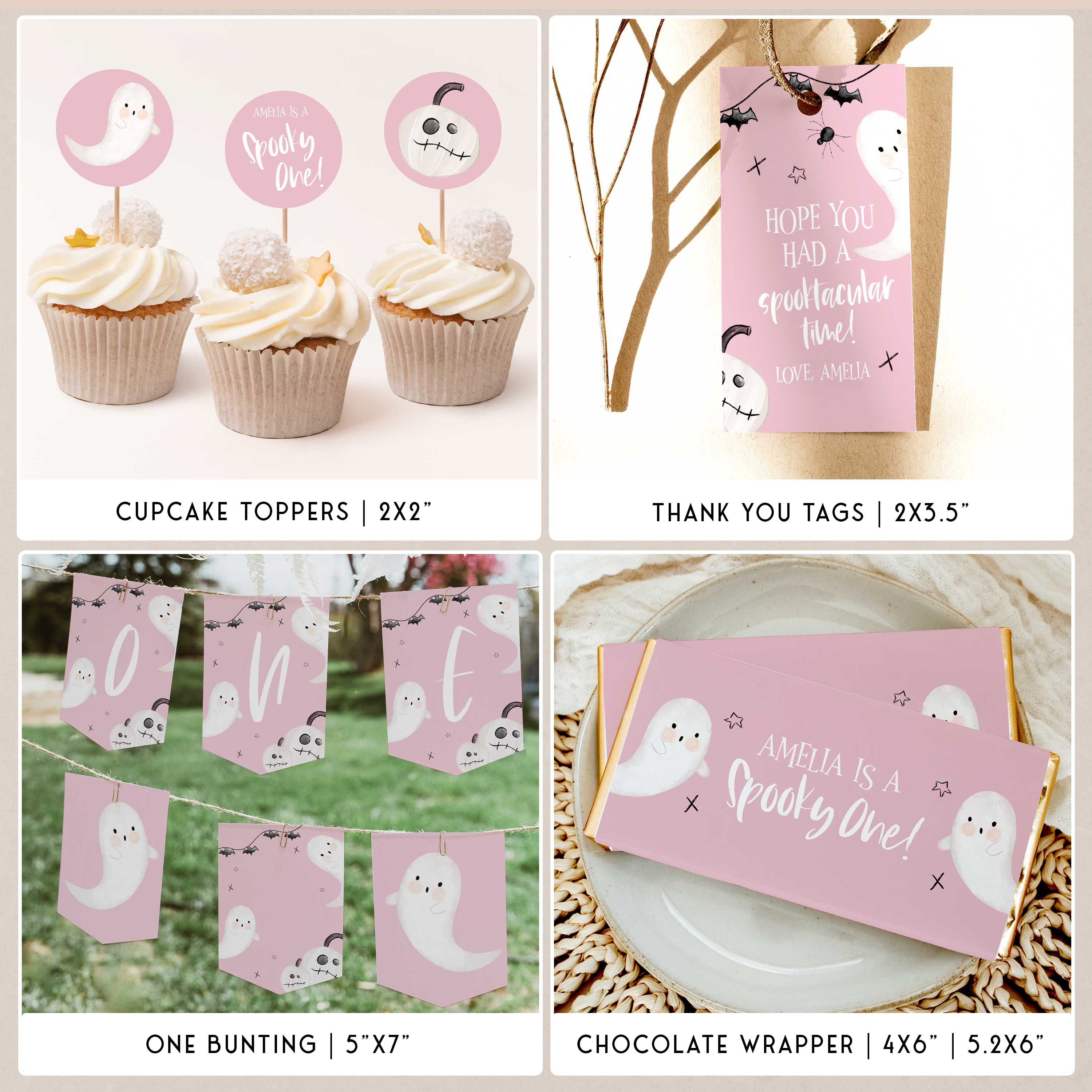 SPOOKY ONE first birthday bundle including invitations, welcome signs, my first year signs, labels, tags, table signs, bunting and more