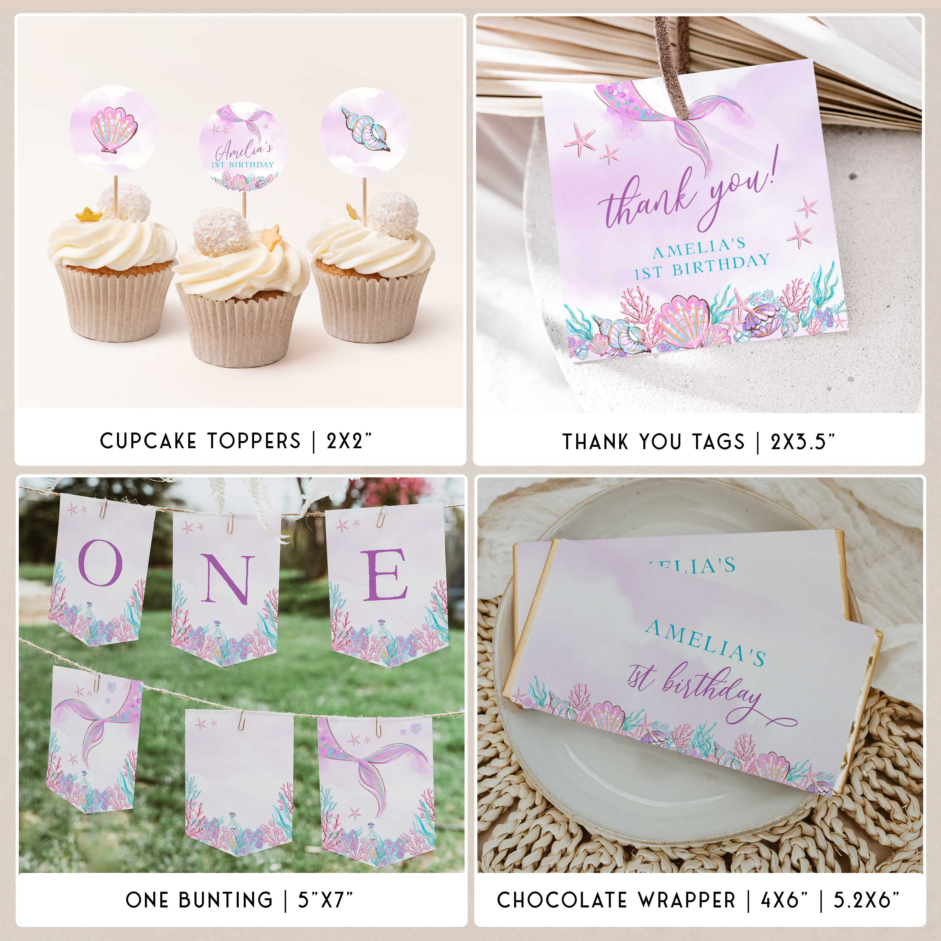 ONEder the sea first birthday party bundle including invitation set, welcome signs, my first year sign, bunting, cupcake toppers and more