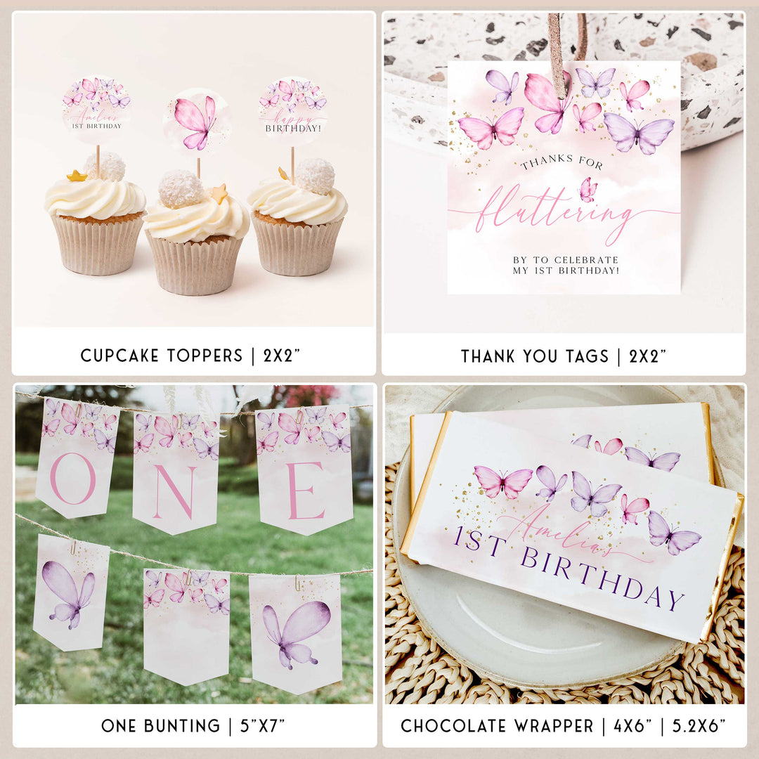 Butterfly first birthday party bundle including invitations, welcome signs, my first year chart, bunting, table signs, labels, tags and more