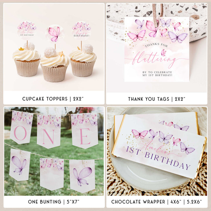 Butterfly first birthday party bundle including invitations, welcome signs, my first year chart, bunting, table signs, labels, tags and more