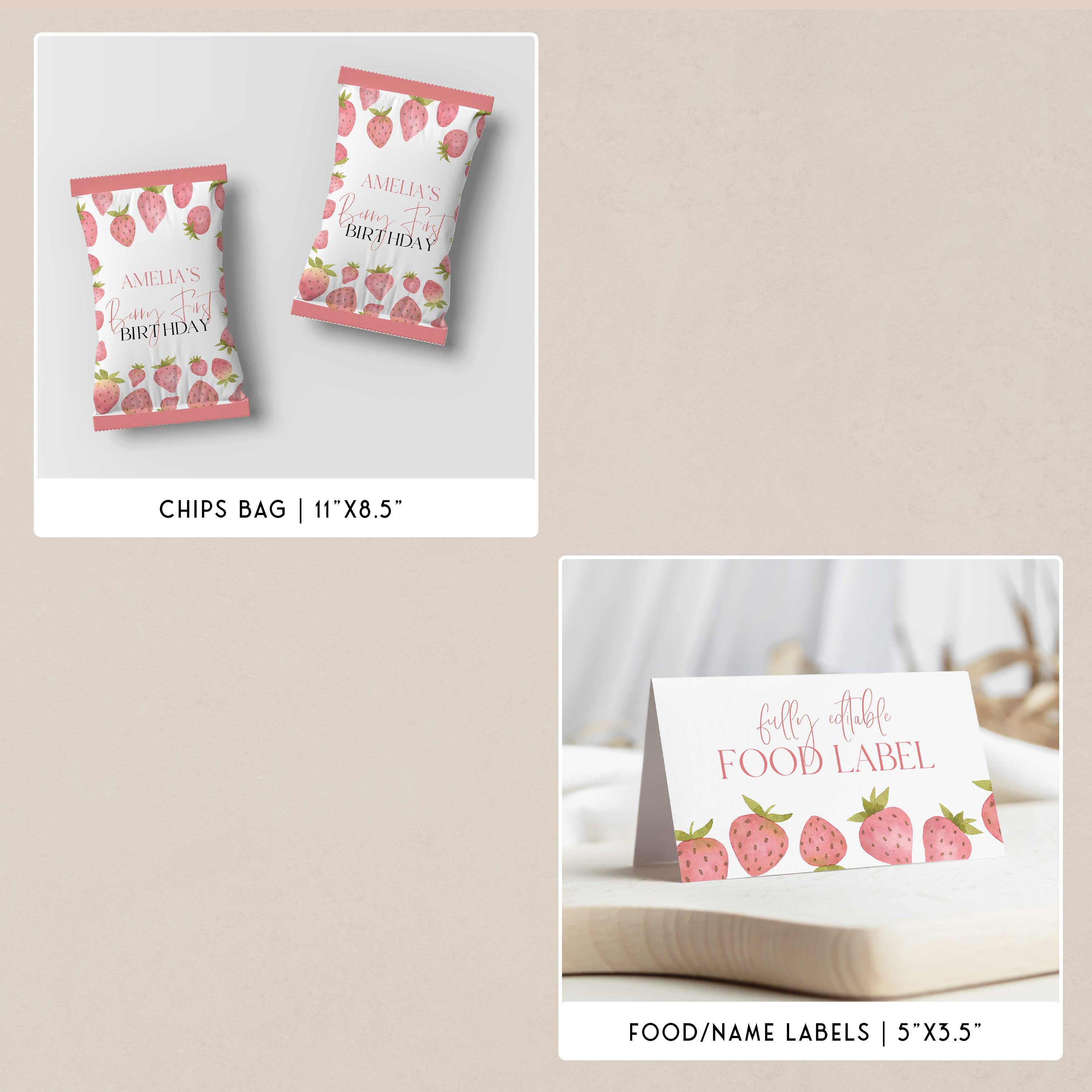 Berry first birthday party bundle including invitations, welcome signs, my first year, bunting, table signs, food labels, tags and more