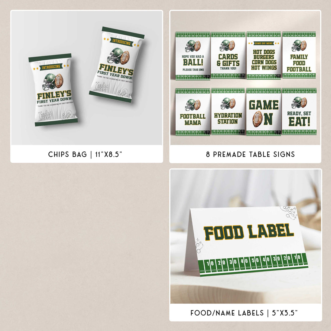 American football first birthday party bundle. Fully editable birthday bundle set