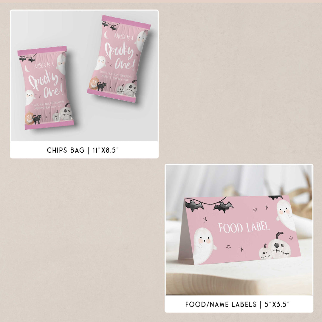 SPOOKY ONE first birthday bundle including invitations, welcome signs, my first year signs, labels, tags, table signs, bunting and more