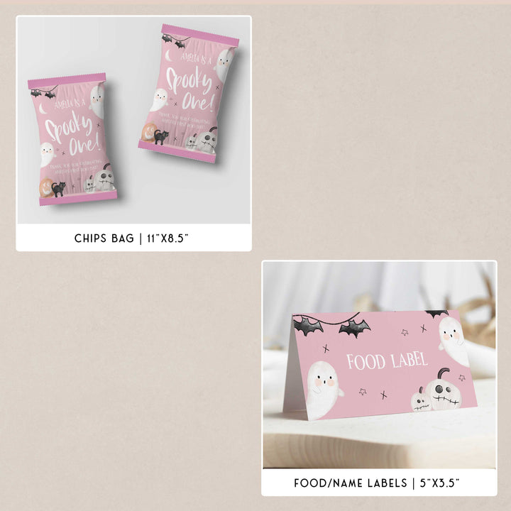 SPOOKY ONE first birthday bundle including invitations, welcome signs, my first year signs, labels, tags, table signs, bunting and more