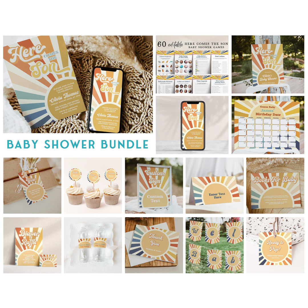 here comes the son baby shower party bundle. Fully editable and includes items such as invitations, welcome signs, thank you tags, guess the baby birthday game, 60 baby shower games, and more. All are fully editable