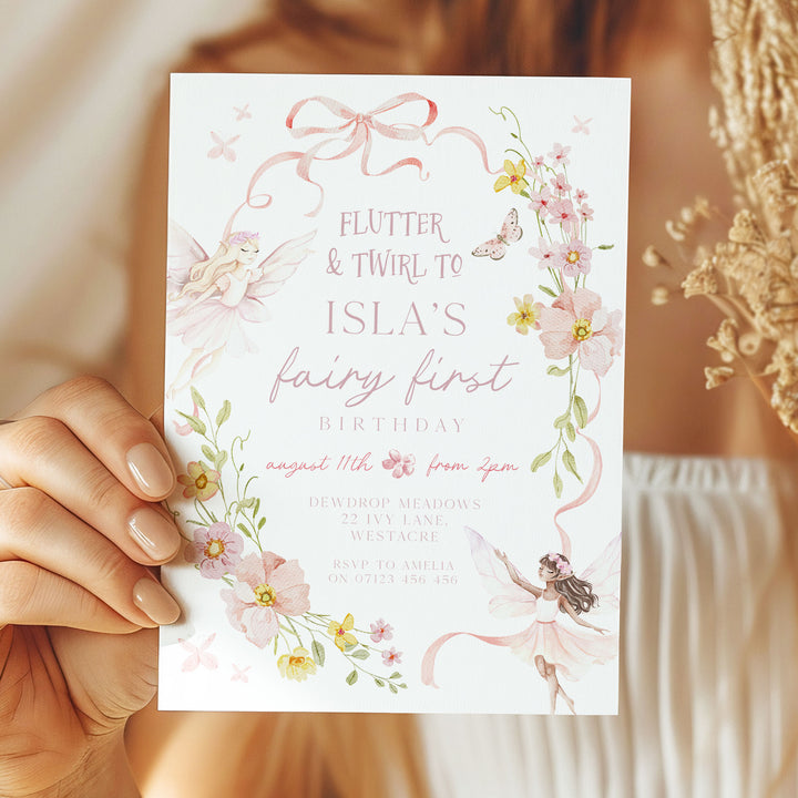 Fairy Pink Bow Birthday Invitation