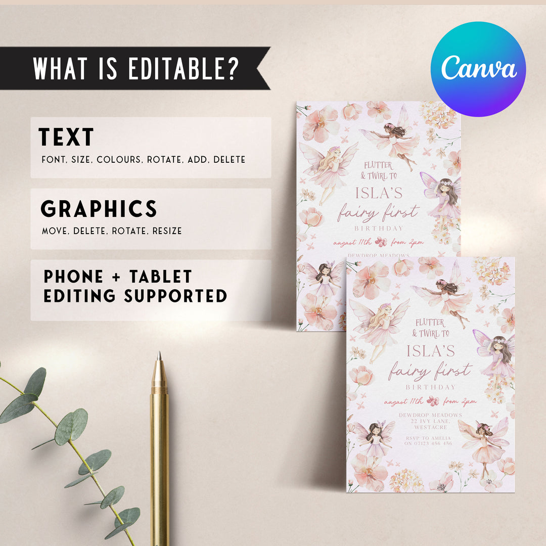 Fairy Pink Border Birthday Invitation