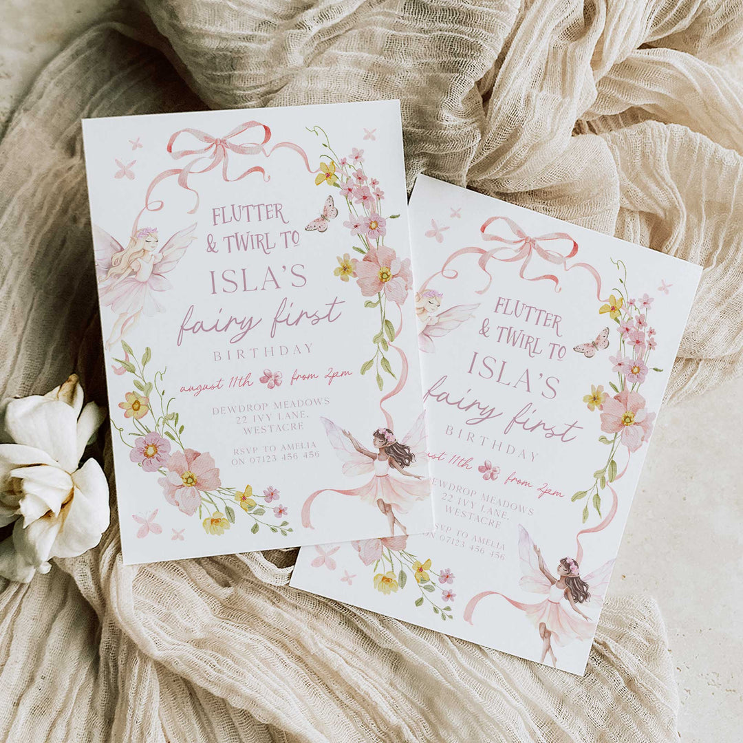 Fairy Pink Bow Birthday Invitation