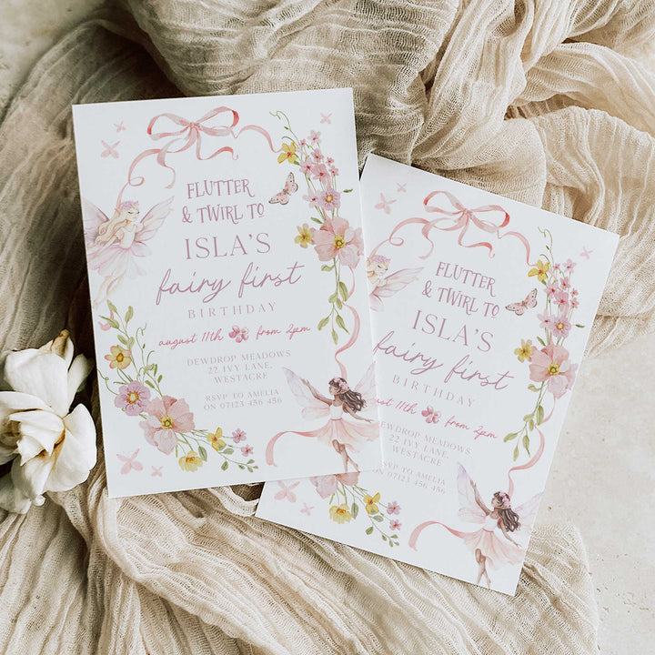 Fairy Pink Bow Birthday Invitation