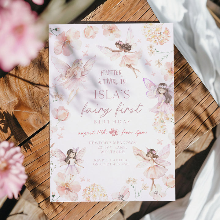 Fairy Pink Border Birthday Invitation