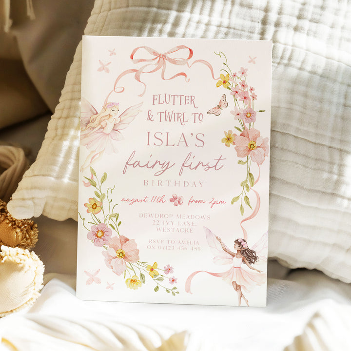 Fairy Pink Bow Birthday Invitation