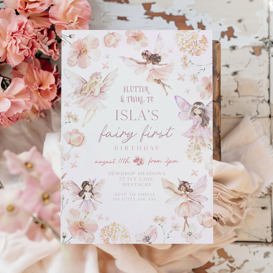 Fairy Pink Border Birthday Invitation