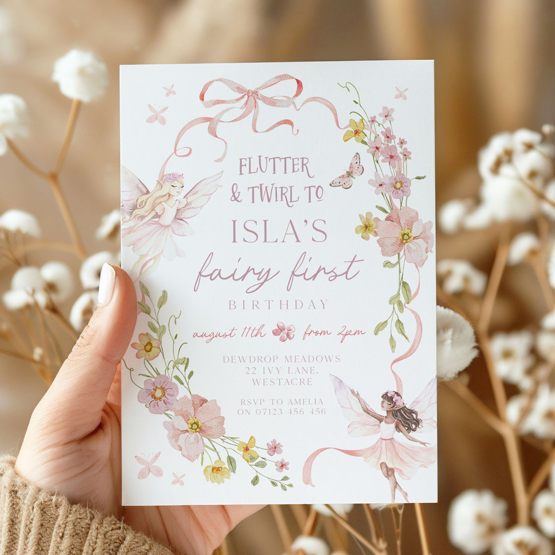 Fairy Pink Bow Birthday Invitation