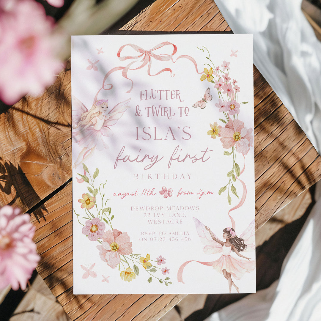 Fairy Pink Bow Birthday Invitation