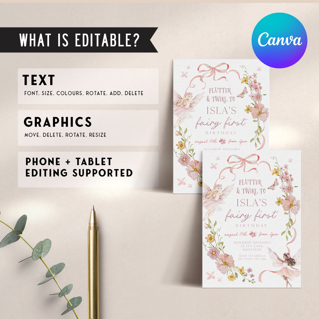 Fairy Pink Bow Birthday Invitation