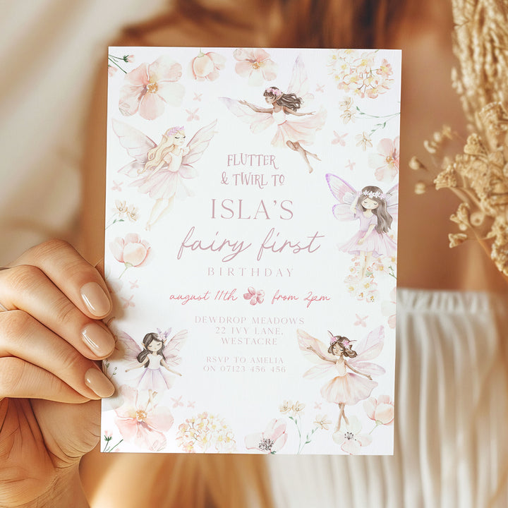 Fairy Pink Border Birthday Invitation