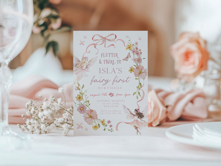 Fairy Pink Bow Birthday Invitation