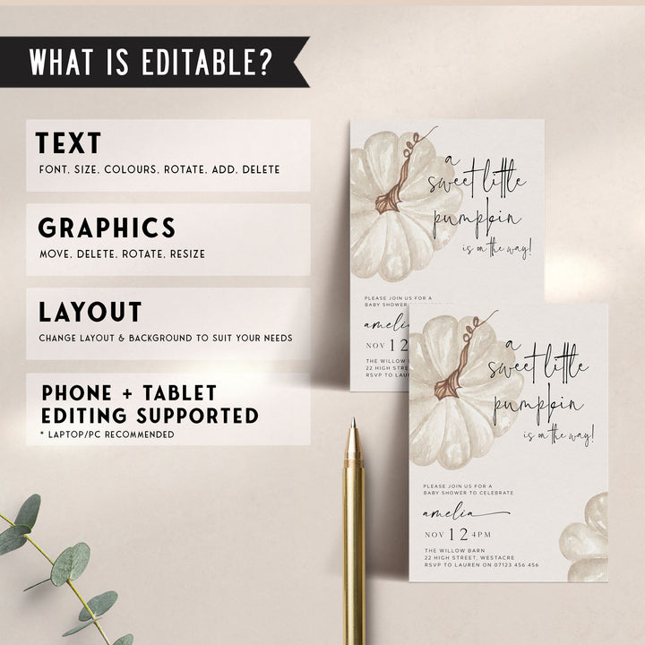 Fall Pumpkin White Baby Shower Invitation