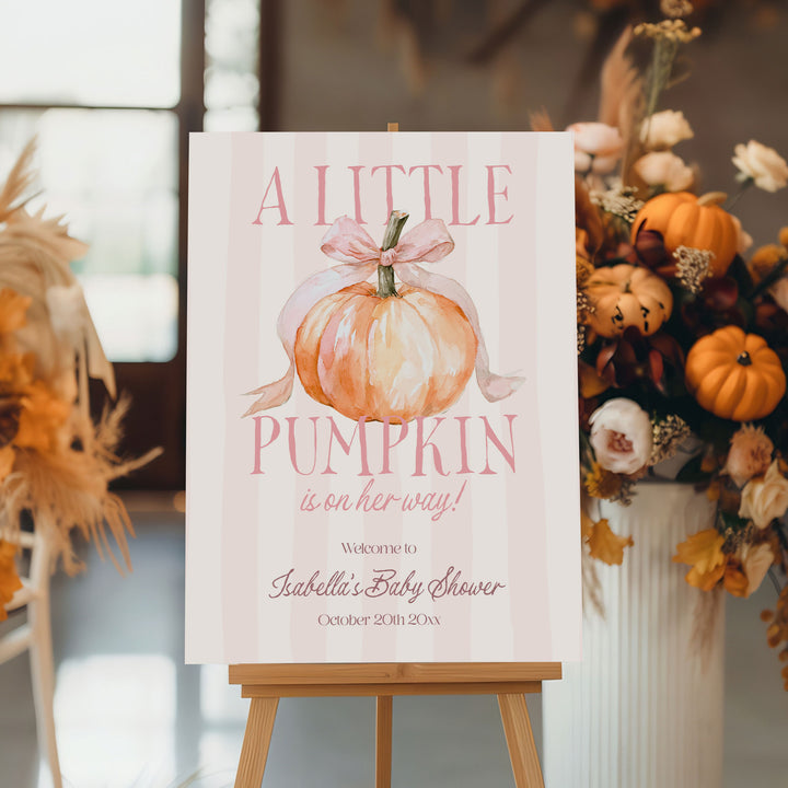 A Little Pumpkin Pink Striped Baby Shower Welcome Sign
