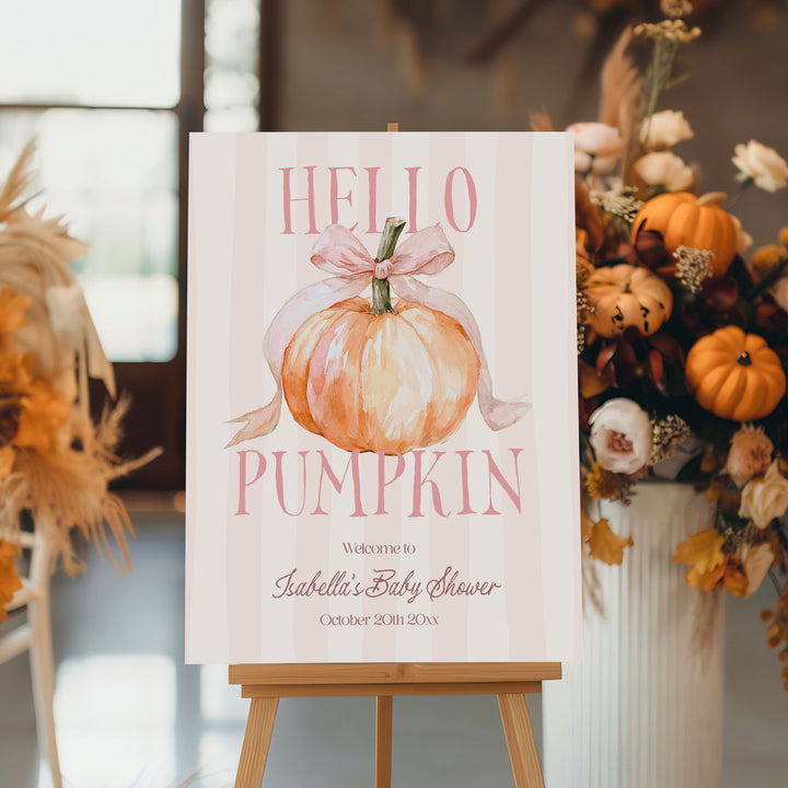 Hello Pumpkin Pink Striped Baby Shower Welcome Sign