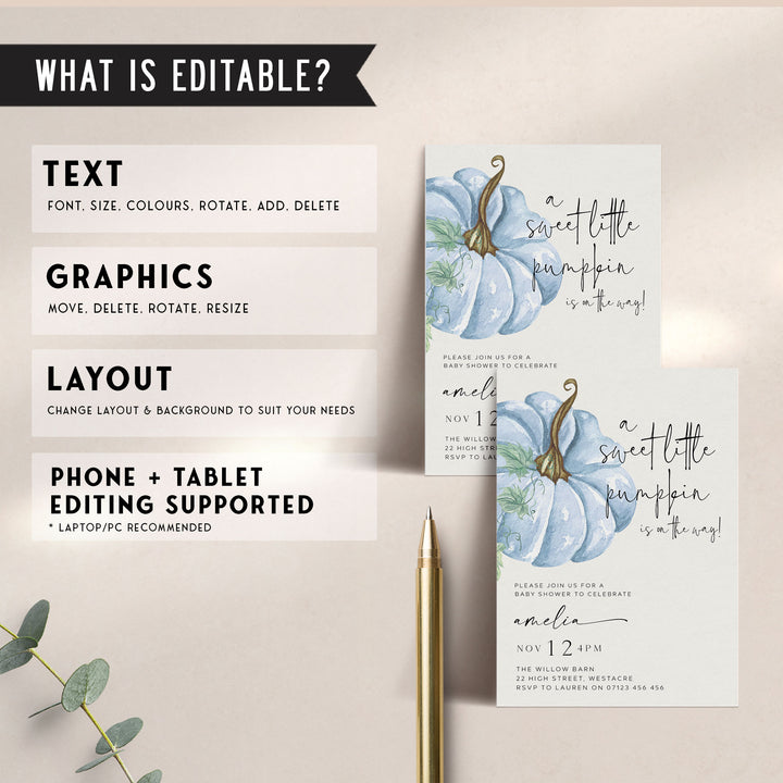 Fall Pumpkin Blue Baby Shower Invitation