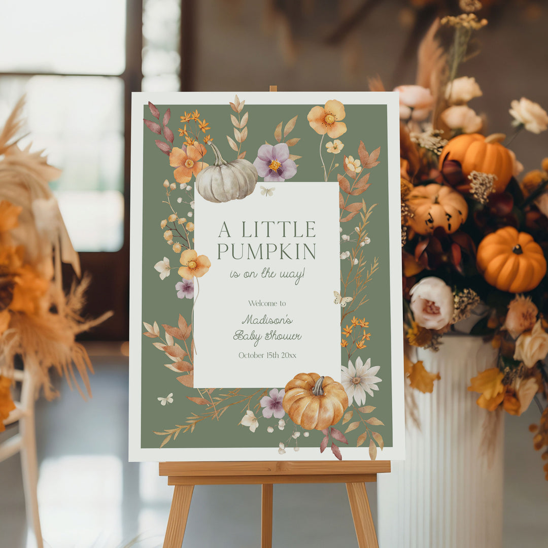 Little Pumpkin Green Border Baby Shower Welcome Sign