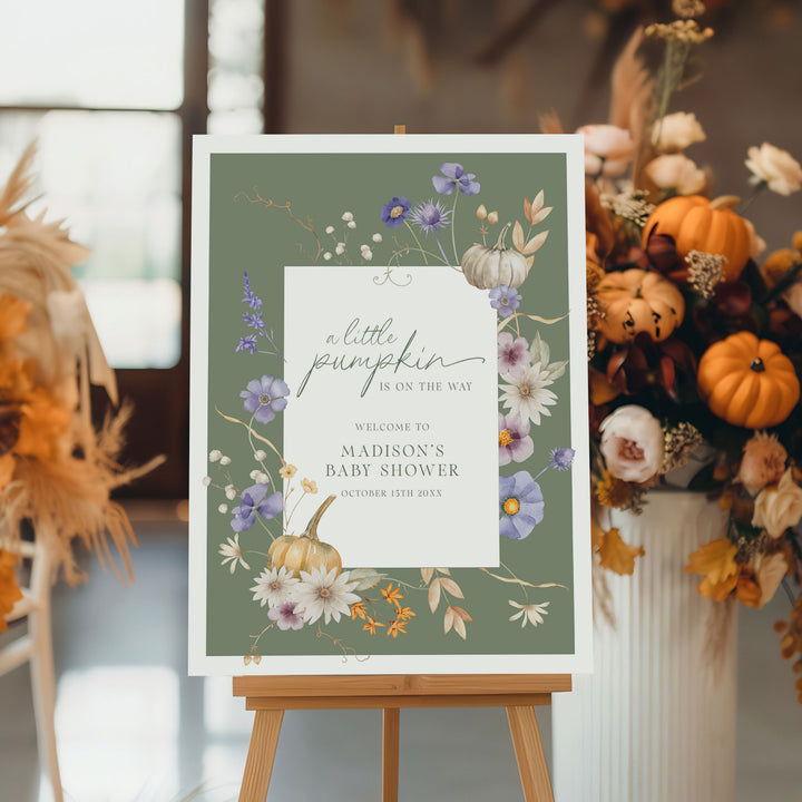Little Pumpkin White Floral Baby Shower Welcome Sign
