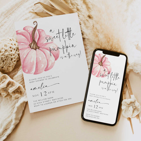 Fall Pumpkin Pink Baby Shower Invitation