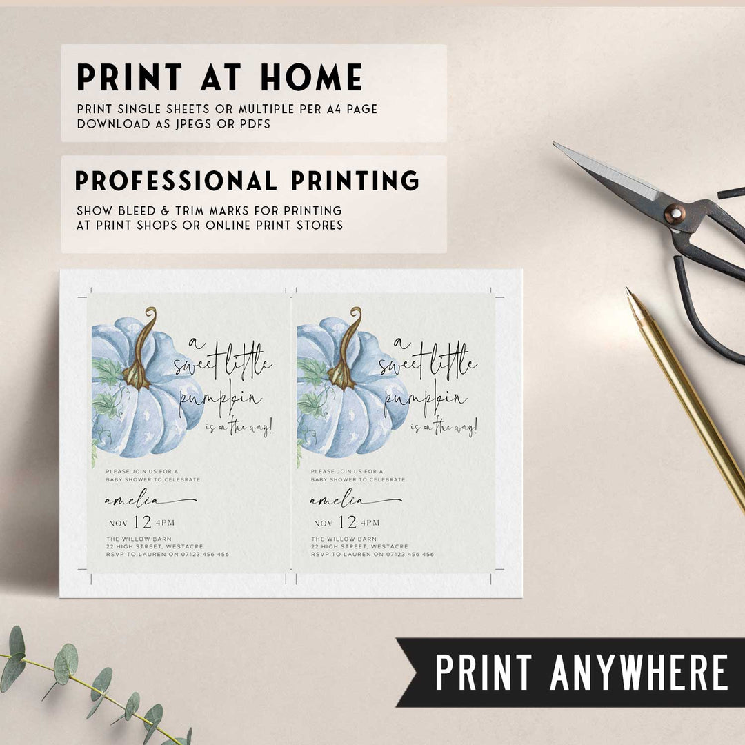 Fall Pumpkin Blue Baby Shower Invitation