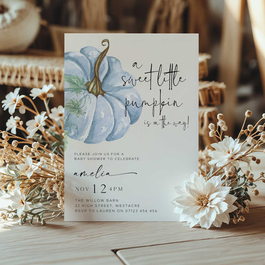 Fall Pumpkin Blue Baby Shower Invitation