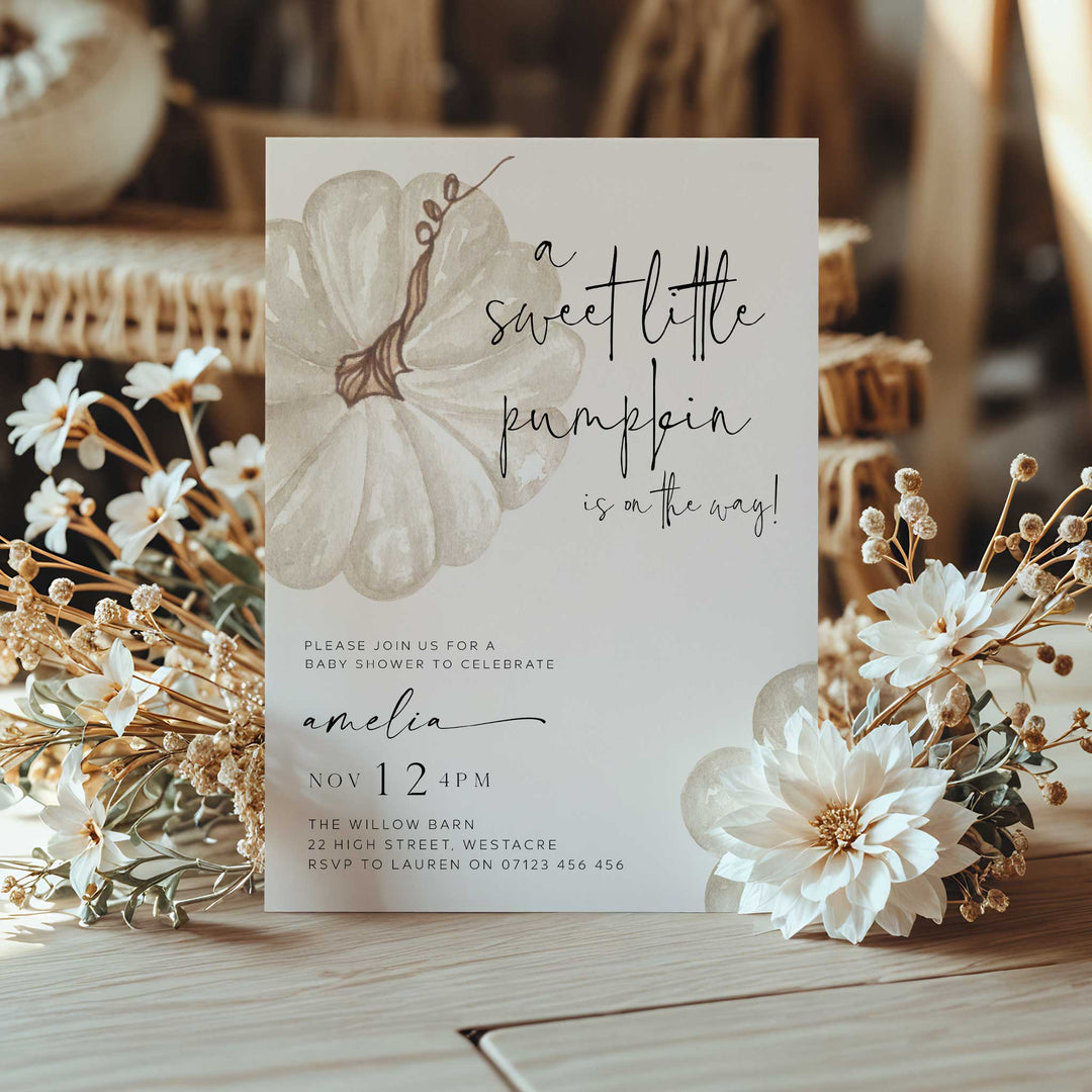 Fall Pumpkin White Baby Shower Invitation