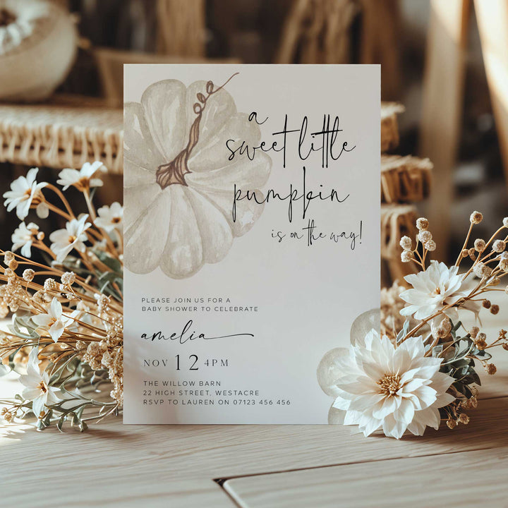 Fall Pumpkin White Baby Shower Invitation