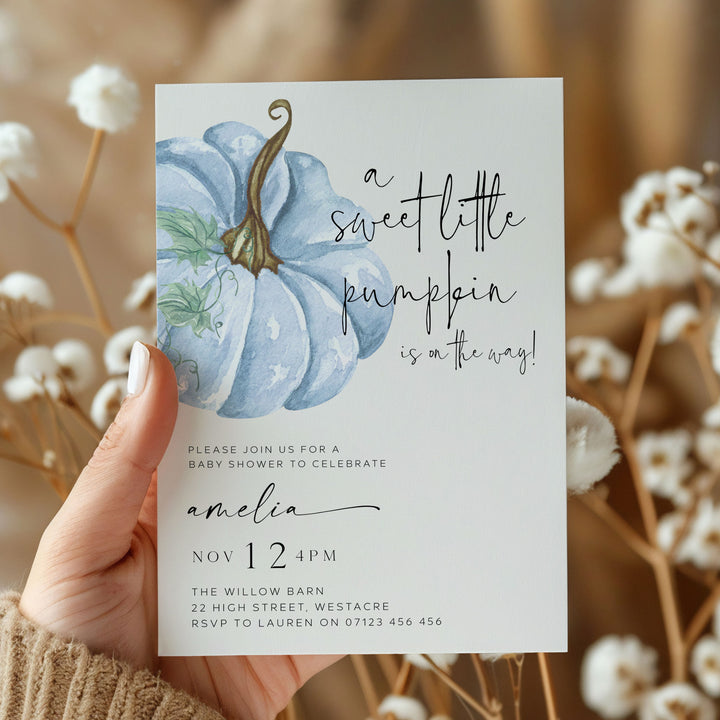 Fall Pumpkin Blue Baby Shower Invitation