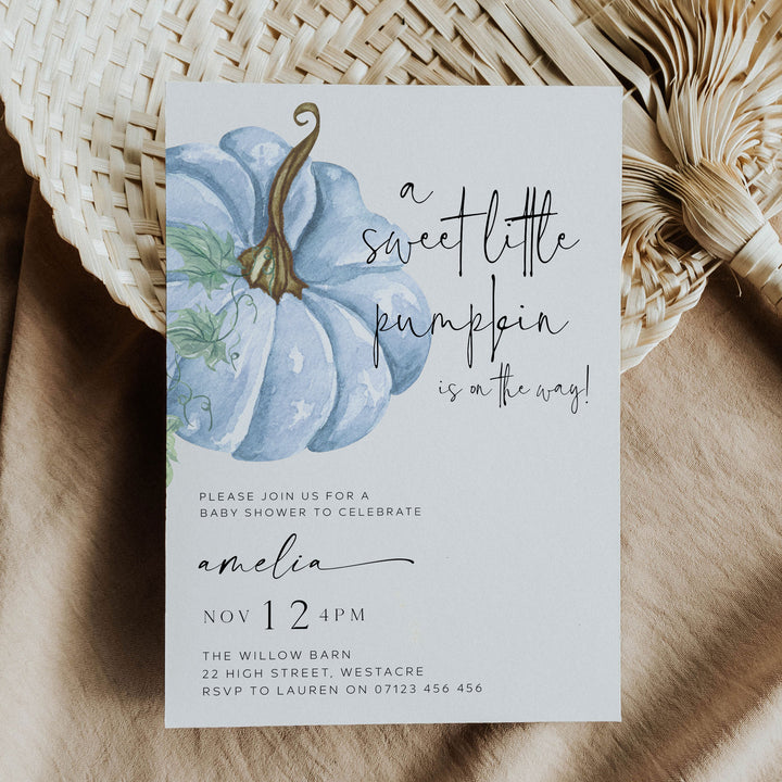 Fall Pumpkin Blue Baby Shower Invitation
