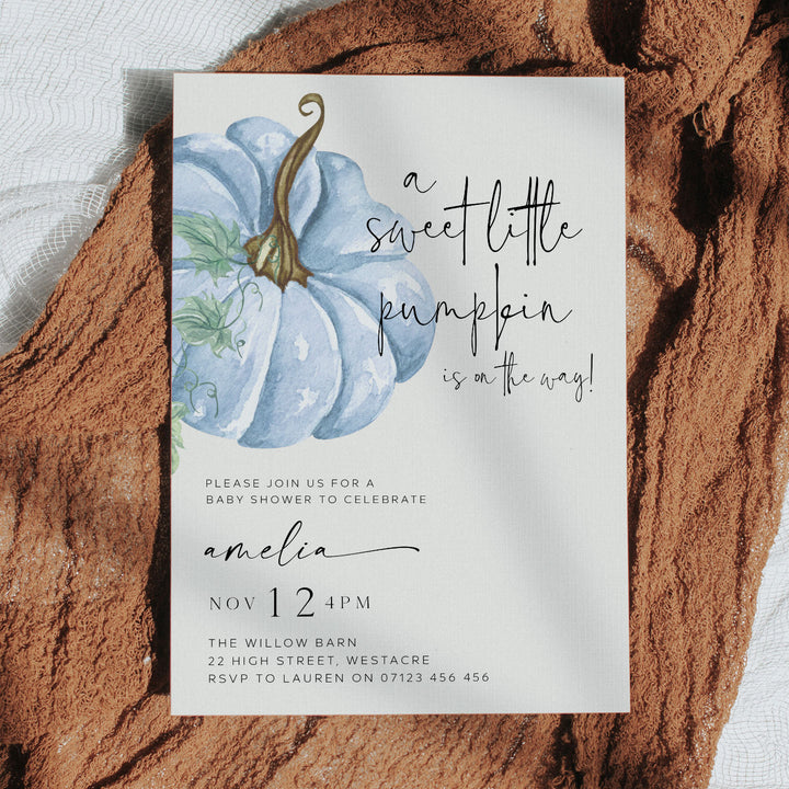 Fall Pumpkin Blue Baby Shower Invitation