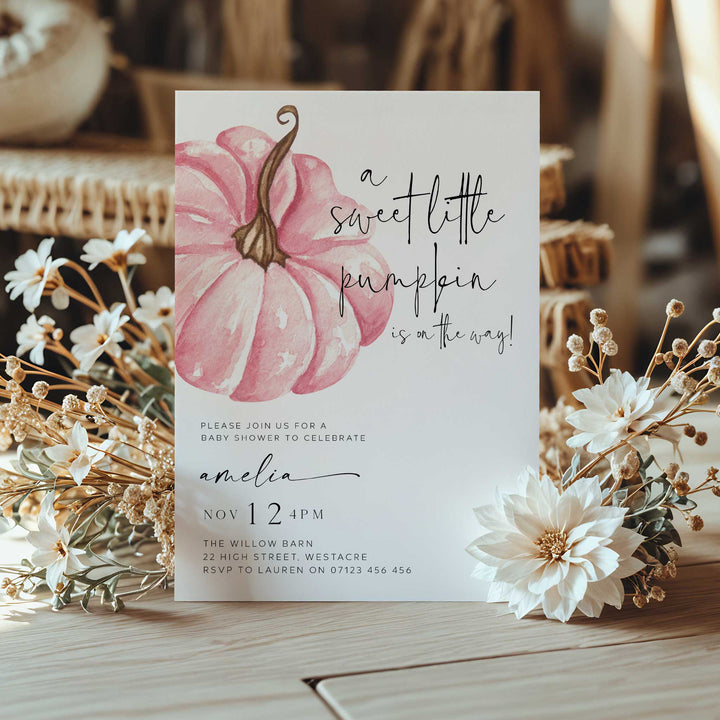 Fall Pumpkin Pink Baby Shower Invitation