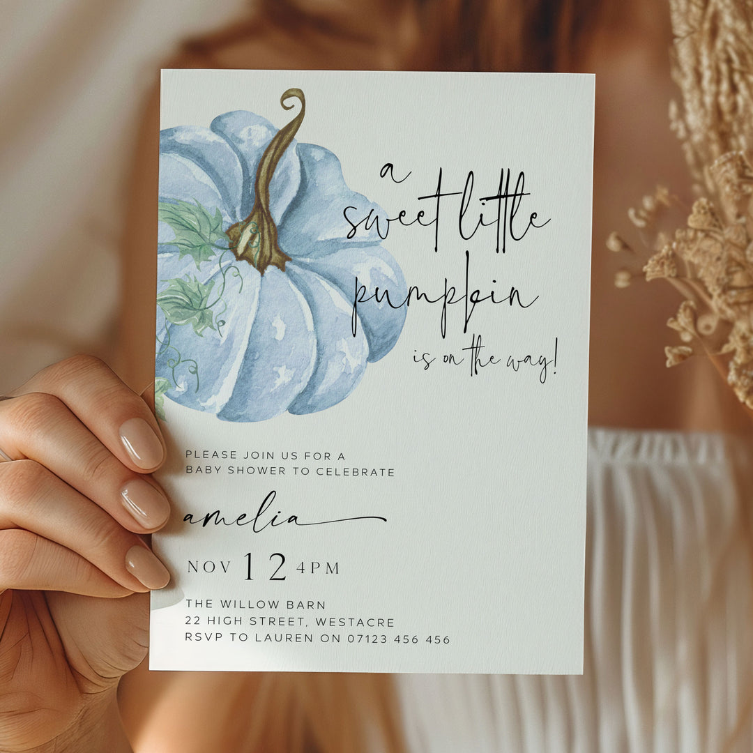 Fall Pumpkin Blue Baby Shower Invitation