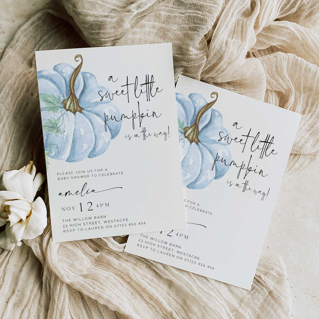 Fall Pumpkin Blue Baby Shower Invitation