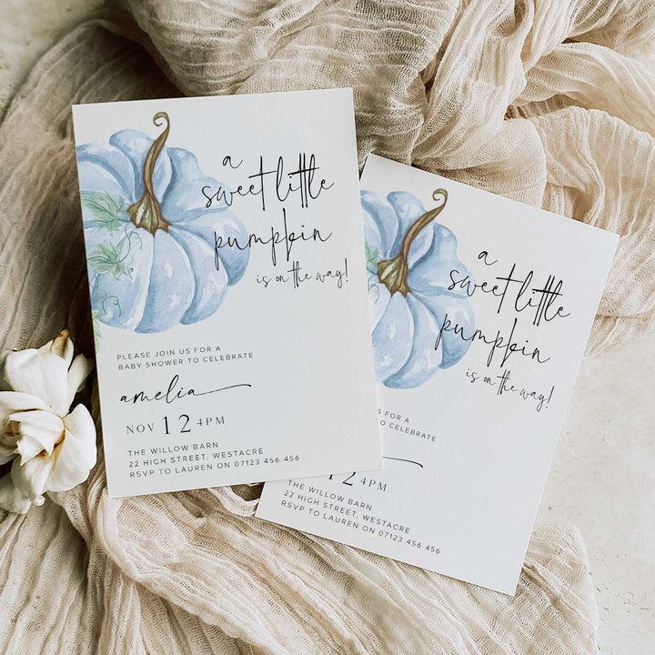 Fall Pumpkin Blue Baby Shower Invitation