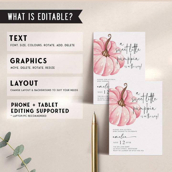 Fall Pumpkin Pink Baby Shower Invitation